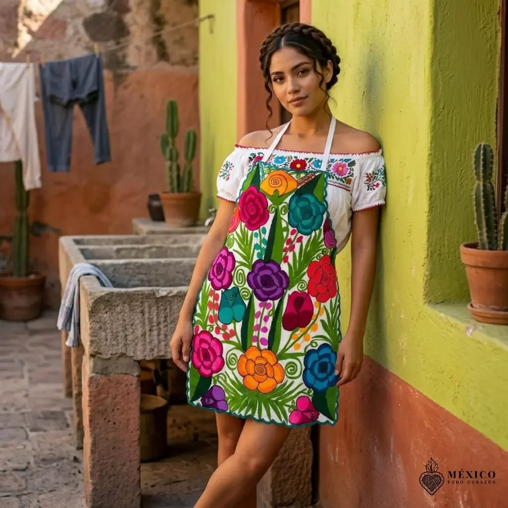 Mexican Embroidered Bib Apron for Women – Multicolor with Floral Design S M